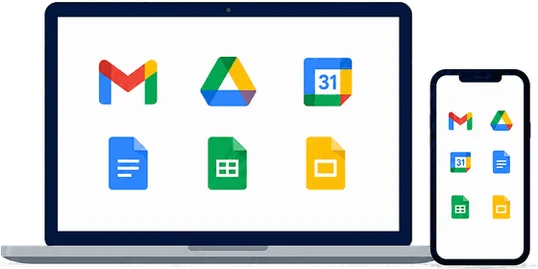 ノートPCとスマートフォンに並ぶ Google Workspace のアプリ